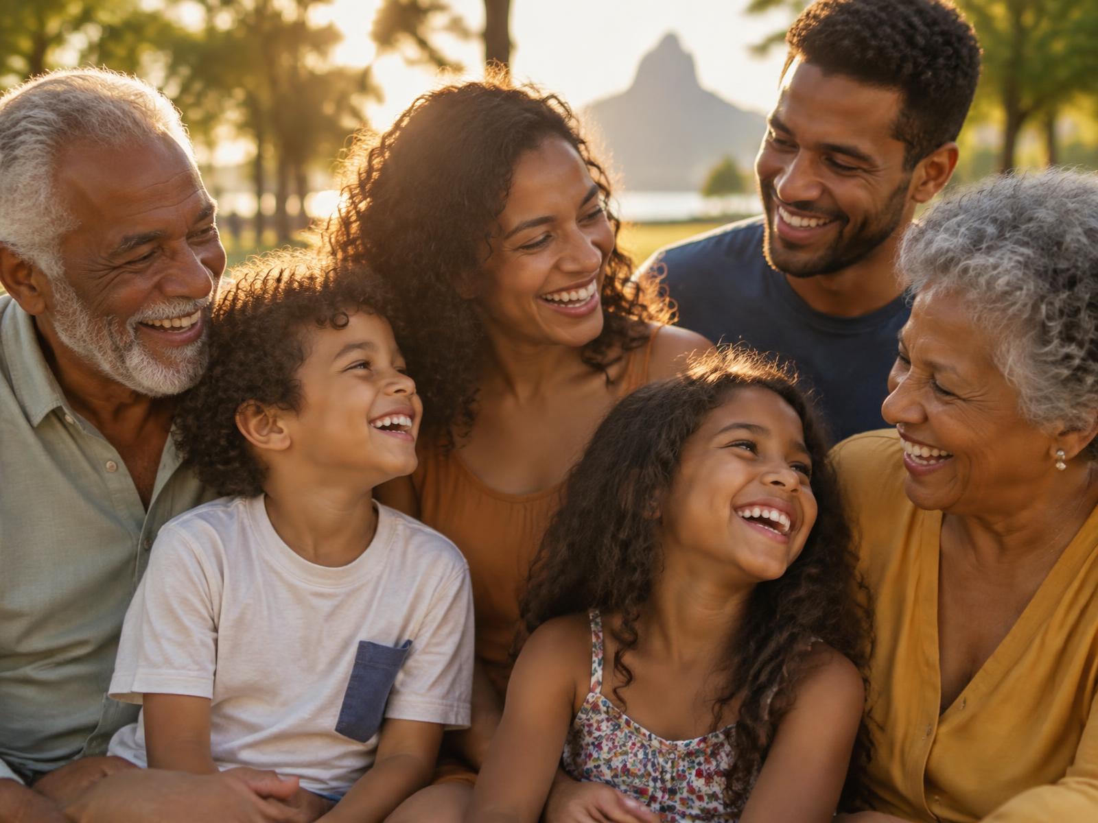 Família brasileira sorrindo em um parque ao entardecer